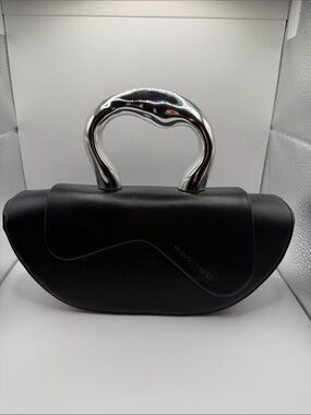 Black Sculpted Top-Handle Bag with Silver Hardware